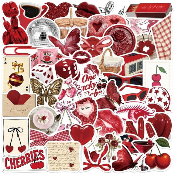 BESTSKY 50Pc Red Aesthetic Stickers,Vintage Cherry Lip Butterfly Heart Decals for Water Bottle Laptop Phone-Waterproof Vinyl for Scrapbook Journaling,Teens Adults Gifts Cherry Stickers