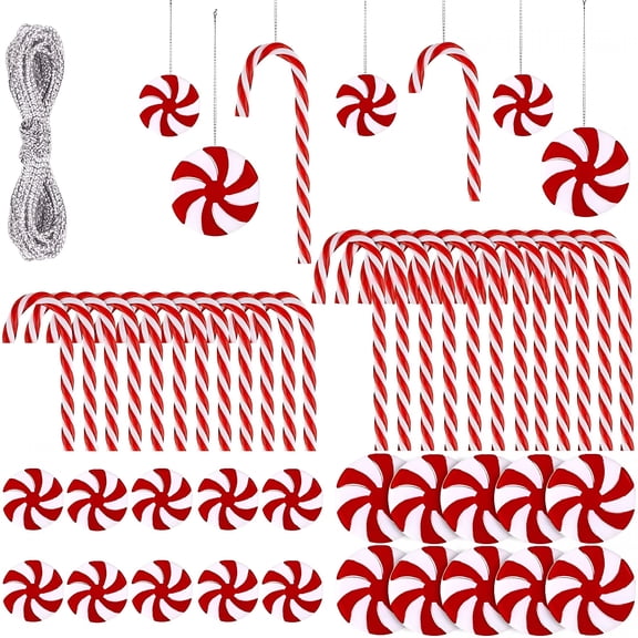 BESTSKY 50Pcs Christmas Candy Cane Hanging Ornaments Candy Lollipop Christmas Tree Decorations Plastic Twisted Crutch Ornaments for Xmas Crafts Indoor Outdoor Decor (Red And White)