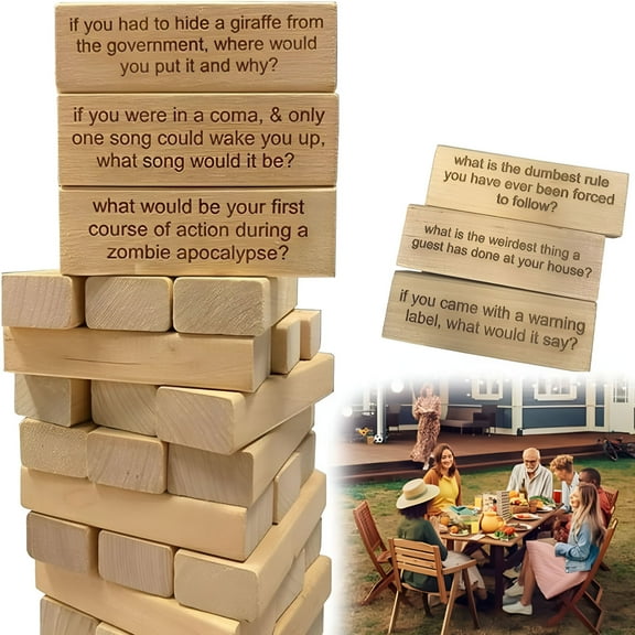 BESTSKY 54 Pcs Ice Breaker Questions Tumbling Tower Game, Wooden Stacking Blocks with Conversation Cards for Family Party