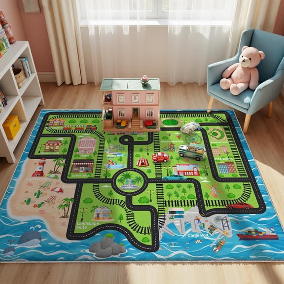 BESTSKY 5X7Ft Kids Island Train Car Play Rug-Non-Slip Faux Wool Carpet with Interactive Island Map Design,Educational Toy Vehicle Mat for Kids,Bedroom Playroom Nursery Gift.