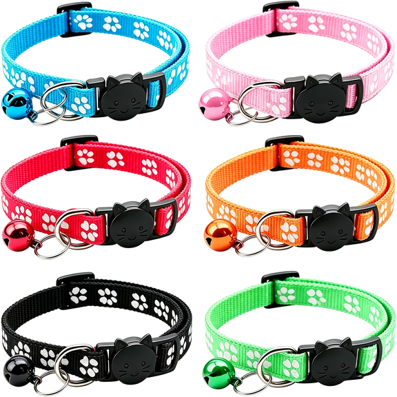 BESTSKY 6 Pack Cute Paw Print Cat Collars,Breakaway Safety Nylon Cat Collars with Removable Bell,Adjustable 19-32Cm for Kitten&Adult Cat Collars for Cats