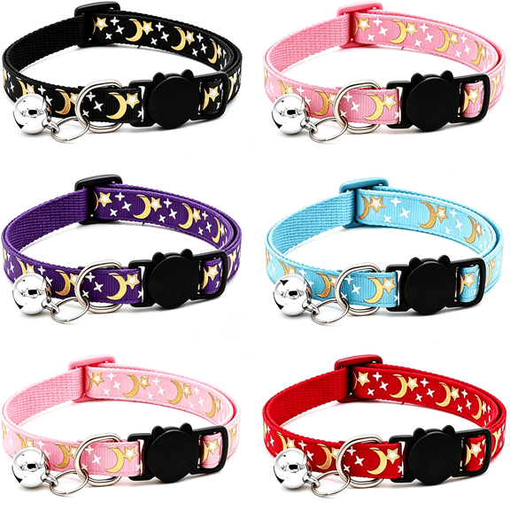 BESTSKY 6 Pack Moon Star Print Cat Collars,Nylon Adjustable Breakaway Cat Collars with Removable Bell Cat Collar Breakaway(19-32Cm)