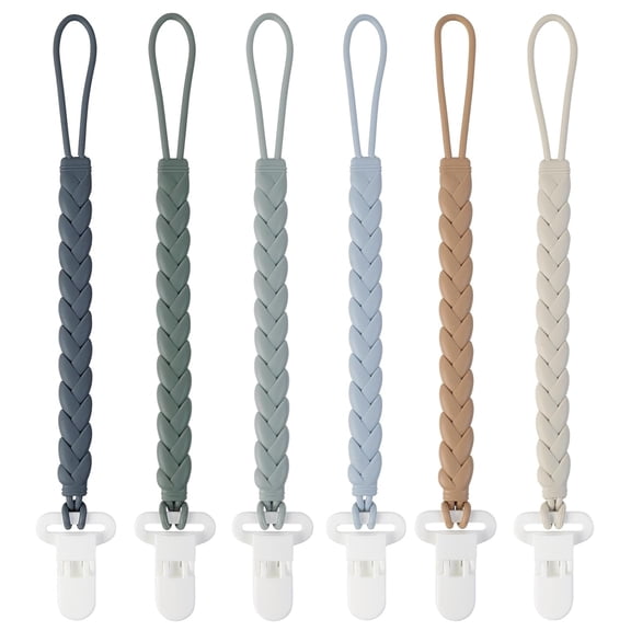 BESTSKY 6-Pack Silicone Pacifier Clips with a Woven Rope Shape for Baby Boys and Girls-Flexible and Rust-Free Holders for Teething Relief and Baby Essentials,Safe for Newborns(Grey)