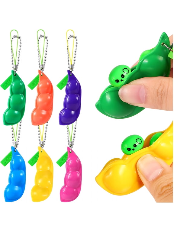 6 Pcs Squeeze Bean Keychain Fidget Toys, Edamame Pea Stress Relief Keyring with Cute Expressions, Colorful Soybean Sensory Toys for Kids Adults Party Favors Classroom Rewards