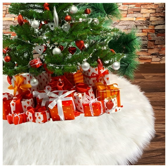BESTSKY 60 Inch White Faux Fur Christmas Tree Skirt, X-Large Velvet Plush Holiday Tree Mat with Hook and Loop Closure for Living Room, Pet Friendly Winter Decor