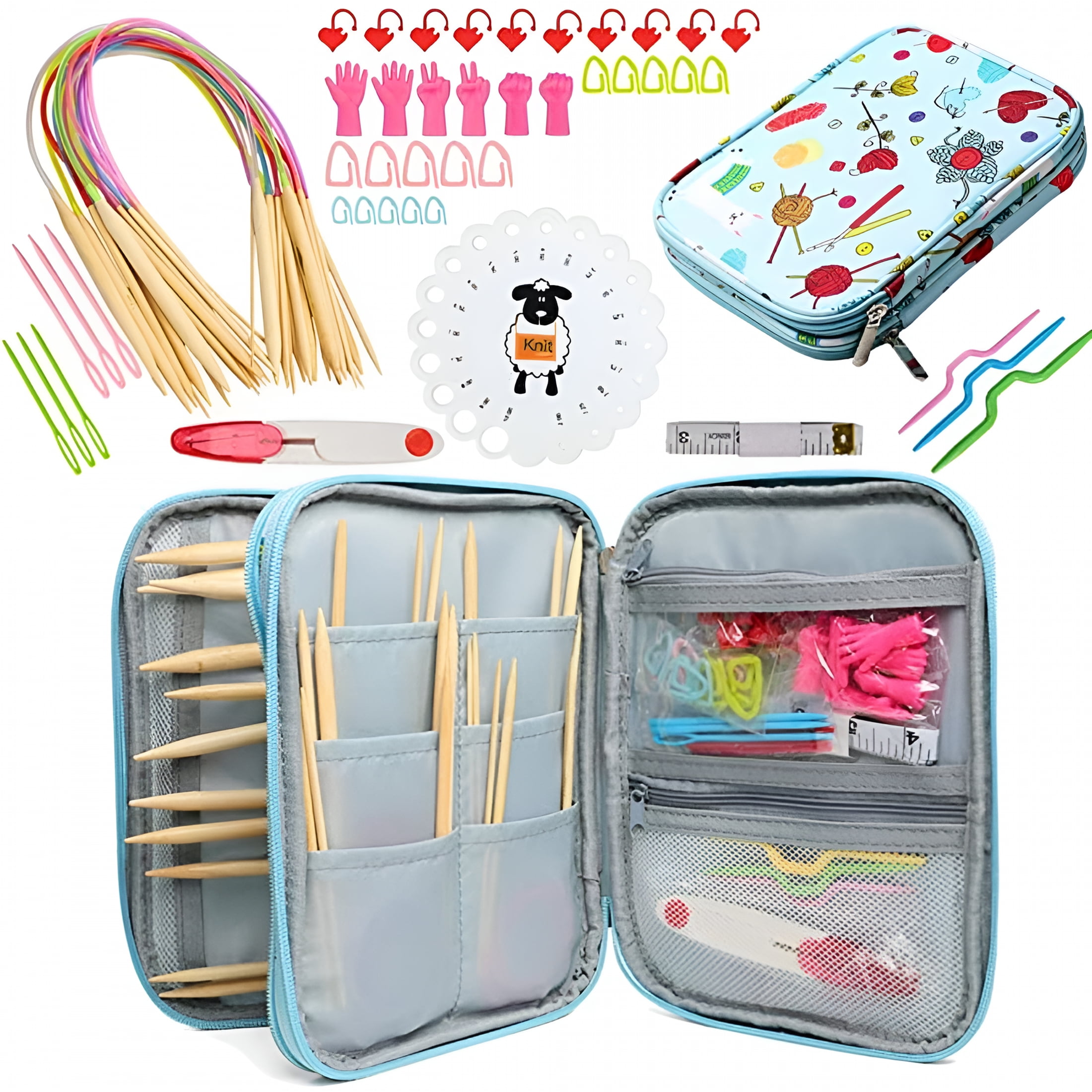 BESTSKY 62 Pcs Bamboo Circular Needles Set for Beginners,18 Pairs Wired Circular Needles for Knitting Yarn Flat Round Projects,Knitting and Crochet Supplies with Case,24 Inch Sweater Needle