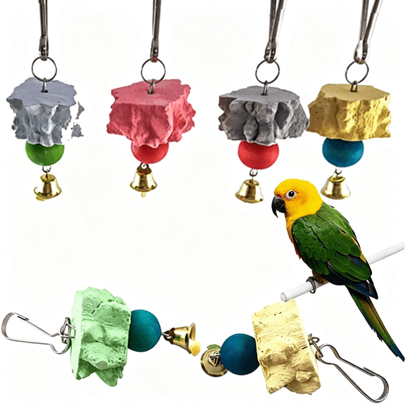 BESTSKY 6Pcs Bird Grinding Beak Calcium Stone with Bell Rat Mineral Lava Block Trimming Teeth Chewing Toys for Chinchilla Bunny Budgie Cockatiel Parakeet Parrot(Random Delivery of Color)