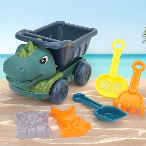 BESTSKY 6Pcs Dinosaur Sand Toys Set,Sandbox Toys with Dump Truck,Sand Molds,Shovel&Rake,Sands Castle Building Kit,Outdoor Digging Sand Tool for 3+ Ages Sandcastle Building Kit