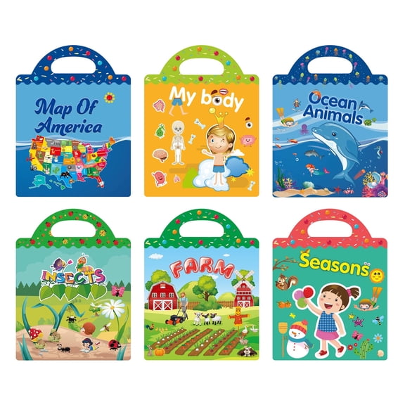 BESTSKY 6Pcs Reusable Sticker Book for Kids,Tear-Resistant Quiet Busy Book for Toddler,Repeated Use Educational Gifts,Combination Style 5