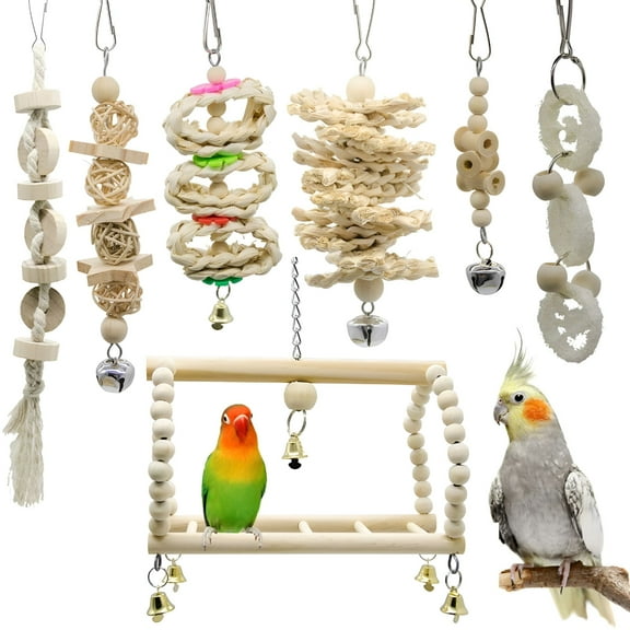 BESTSKY 7 Packs Bird Parrot Swing Chewing Toys-Hanging Bell Bird Cage Toys Suitable for Small Parakeets, Cockatiels, Conures, Finches, Budgie, Macaws, Parrots, Love Birds