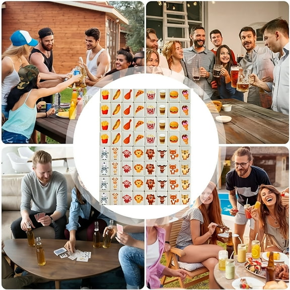 BESTSKY 8 Animals Pattern+8 Foods Pattern Seaside Escape Game Blocks Mahjong Sets with 65 Tiles 30mm Flag and Ball Pattern with Handbag for Spring Picnic Party Gift.