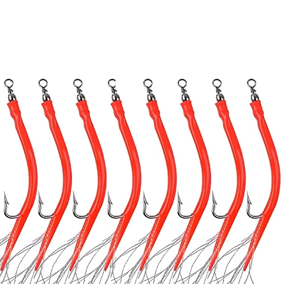 BESTSKY 8PCS Eel Fishing Hooks Striped Bass Tube Luminous Eel Lures Long Shank Offset Fish Hook Offshore Bass Cod Teaser Fishing Bait Red 10-0 8PCS