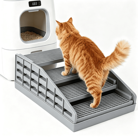 BESTSKY Adjustable Litter Box Ramp,Elevated Cat Ramp\/Stairs with Filter Function,Litter Box Step for Small & Elderly Cats,Fits Automatic Litter Boxes (Light Grey)