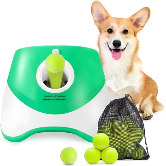 BESTSKY Automatic Dog Ball Launcher,Dog Ball Thrower with 15 Mini Tennis Balls Sizing 2 Inch and Mesh Bag,Interactive Dog Toys Tennis Ball Launcher for Small Dogs with 3 Distance Settings