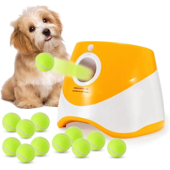 BESTSKY Automatic Dog Ball Thrower Launcher with 12 Pcs Tennis Balls,Thrower Distance 10-30Ft,Interactive Dog Fetch Machine Toy for Small Dogs,Yellow