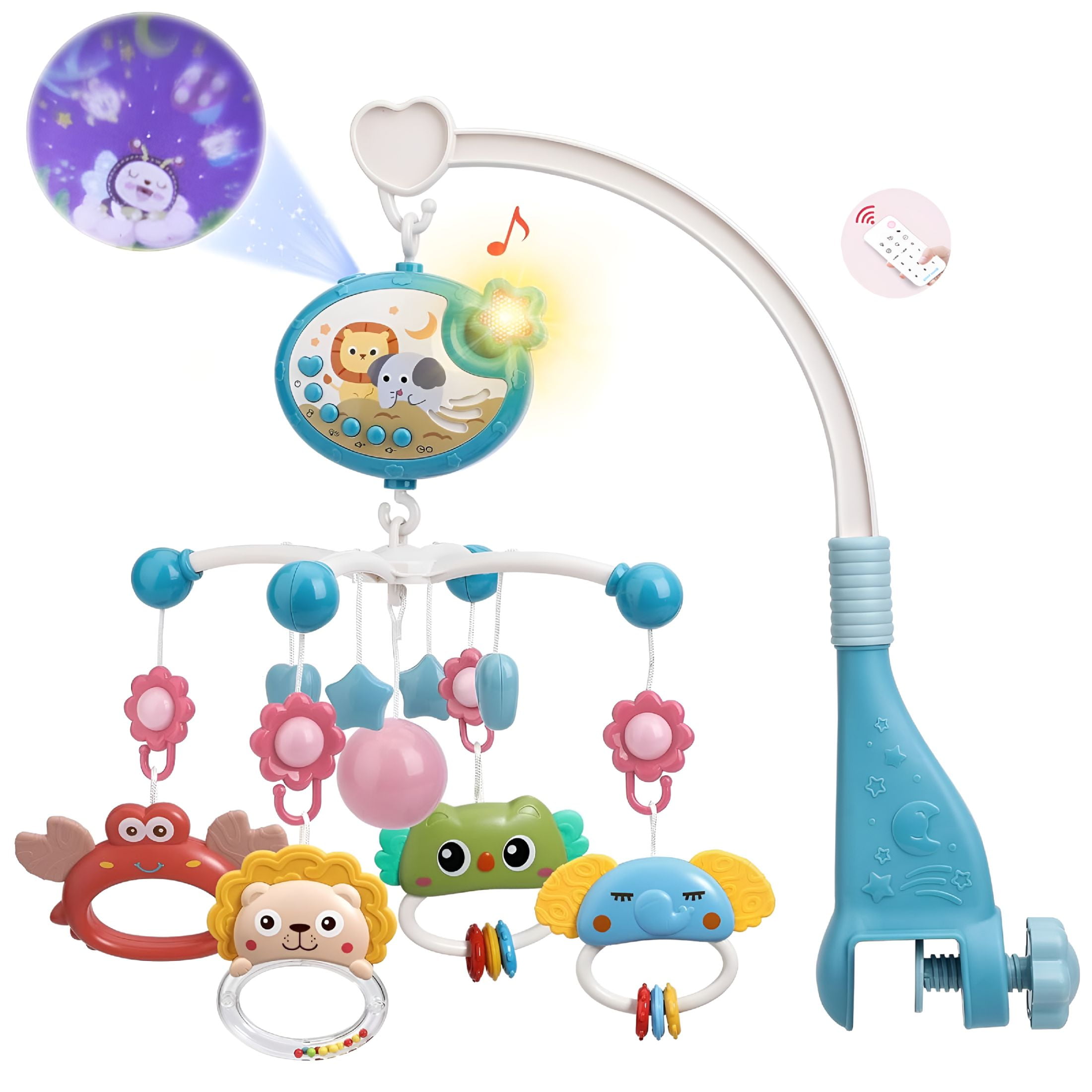 BESTSKY Baby Crib Mobile with Music and Lights, 360° Rotation Remote Control Musical Mobile, Projection Night Light and Chewable Rattle Toy, Crib Mobile for Girls and Boys