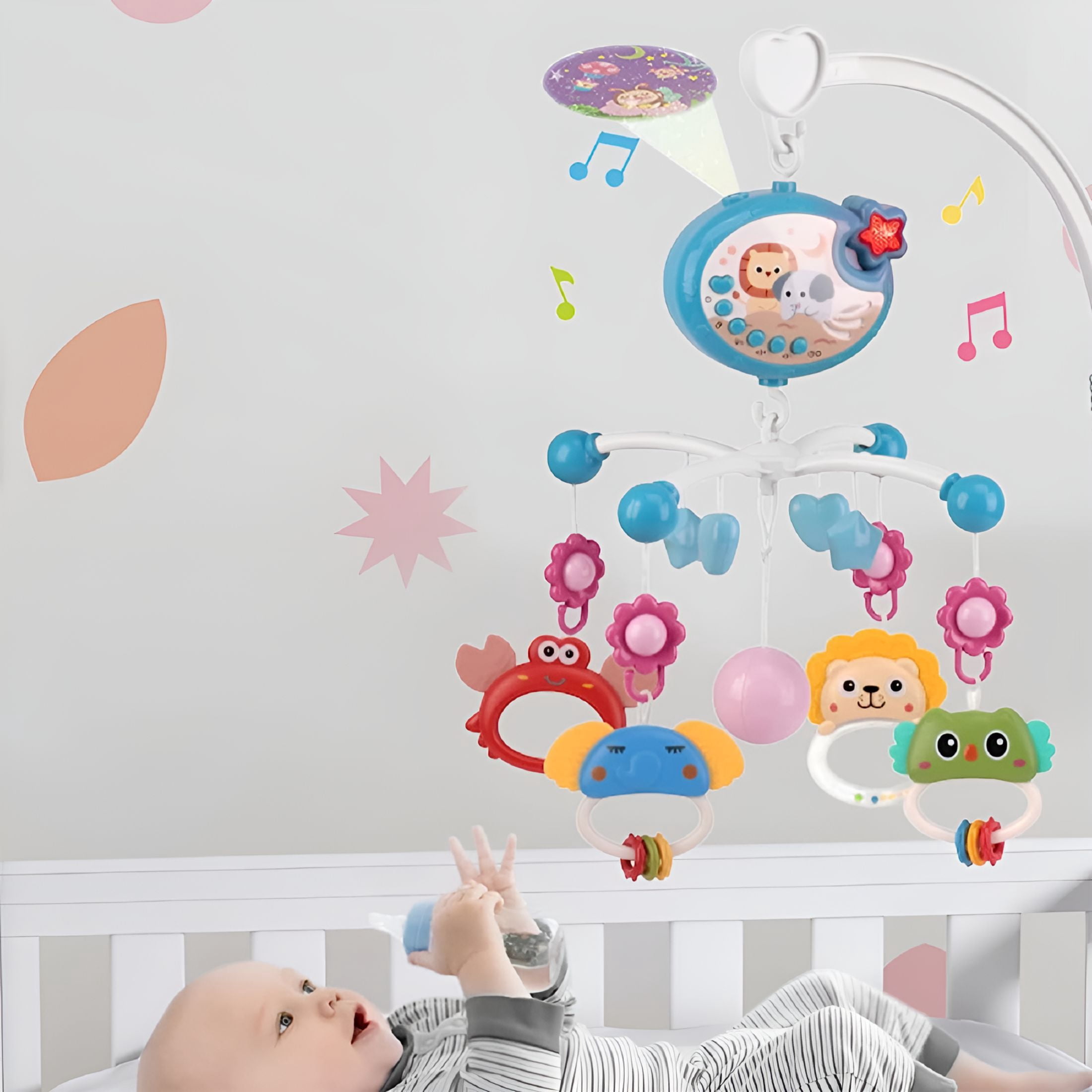 BESTSKY Baby Mobile for Crib with Music and Lights, Baby Crib Musical Carousel Baby Mobile Crib Toys for Baby Girls and Boys Infants, Blue