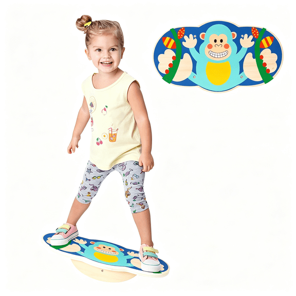 BESTSKY Balance Board for Kids,Wooden Wobble Rocker Board for Children,Capable of Bearing 123Lb,Durable for Balance Training,Core Strength and Active Play,Bright Blue Monkey Pattern