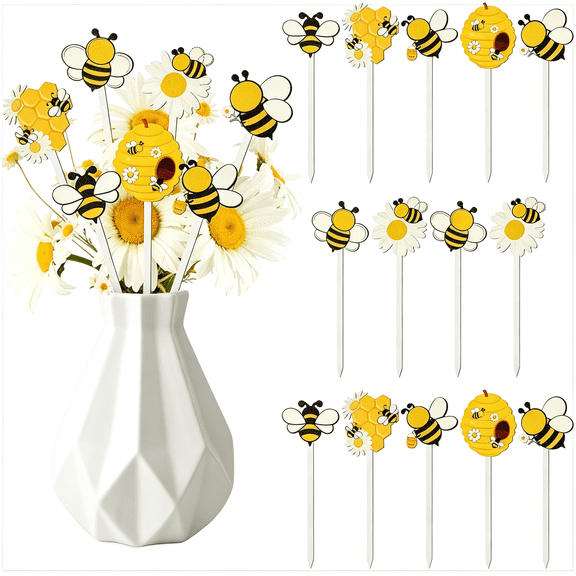 BESTSKY Bee Decorations for Home Summer Wooden Double-Sided Cute Honeybee Decorative Picks for Vase Filler, Wood Bumblebee Stems Nectar Floral Picks for Table Centerpiece Decor Spring Party