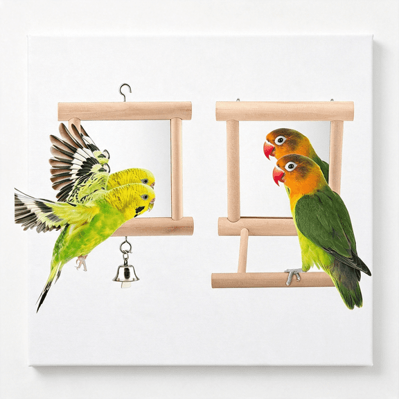 BESTSKY Bird Mirror for Cage Hanging Interactive Toys (Wood Color-2Pcs) | with Perch, Bell, Encourage Interaction, Relieves Loneliness & Boredom, for Budgies/Parakeets/Lovebirds/Finches/Cockatiels