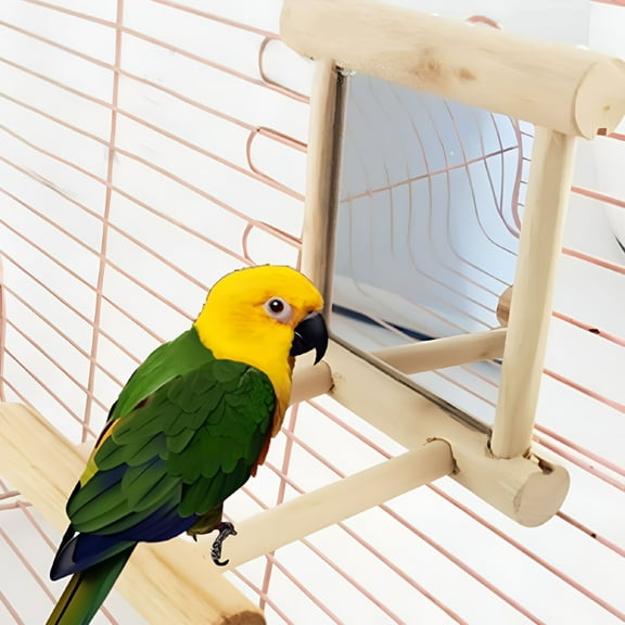 BESTSKY Bird Mirror Toy with Perch Stand for Parrot Budgie Parakeet Cockatiels Conure Finch Lovebird Canary African Grey Macaw Amazon Cockatoo Cage Wood Toy