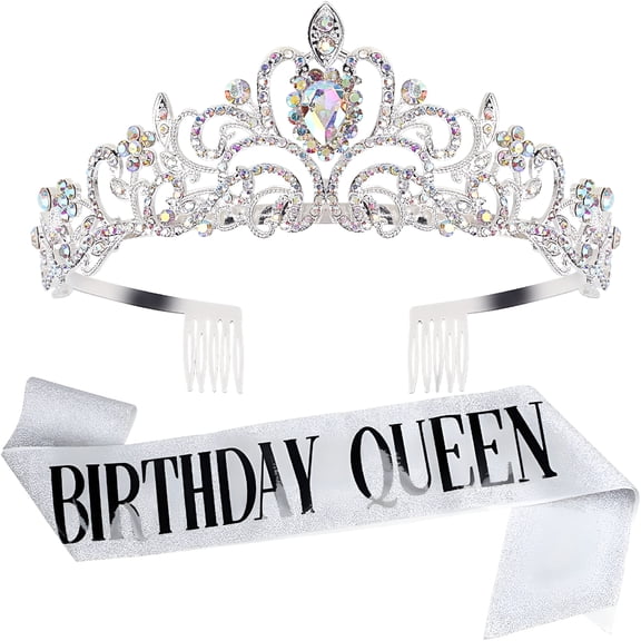 BESTSKY Birthday Queen Tiara Crown for Women, Silver Rhinestone Princess Headband with Comb for 30th 40th 50th Party