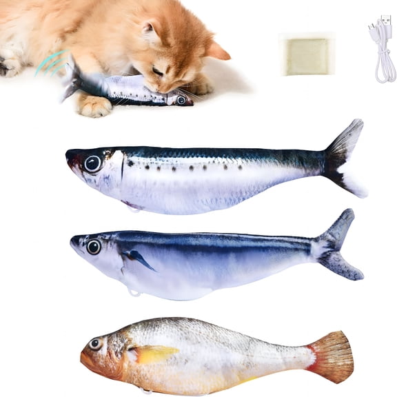 BESTSKY Bite-Sized Realistic Flopping Fish Cat Toys,3 Pack,Interactive Cat Toys for All Breeds,Tap-Activated 3 Flapping Mode,Sardine/Saury/Yellow Croaker,7.1 Inches,With Catnip,Rechargeable