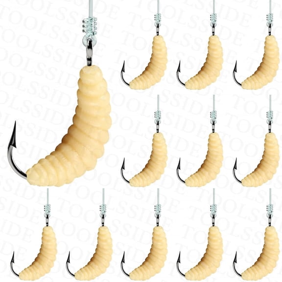 BESTSKY Bluegill Bait Maggot Fishing Lures Blue Gill Rubber Worms 12Sets Pan Fish,Rubber Maggot Lure Jig Kit,Hook Size #10,Includes 12Worms+12Hooks,Fishing Maggots for Trout Crappie Bluegill Bream