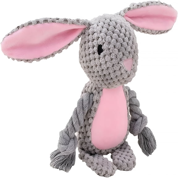 BESTSKY Bunny Dog Toy with Rope Arms  Squeaky Plush Rabbit for Small & Medium Dogs, Soft Chew & Tug Toy for Interactive Play, Easter Puppy Toy Gift