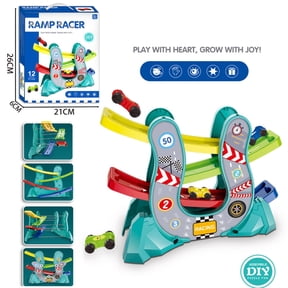 BESTSKY Car Ramp Toy Track with Moving Signs, Toddler Race Track for Indoor Play, Smooth Sliding Vehicle Set for Hand-Eye Coordination, Green