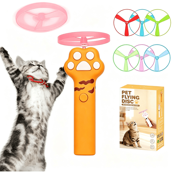 BESTSKY Cat Fetch Toy Launcher, Flying Disc Launcher with Rechargeable & 6 Soft Flying Discs (3 Glow), Easy Use Interactive Toys for Indoor Adult Cats & Kittens for Enrichment