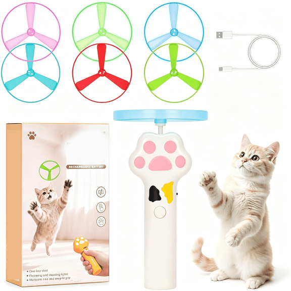 BESTSKY Cat Fetch Toy, Rechargeable Flying Disc Launcher with 6 Flying Discs, Cat Interactive Hunting Toys for Outdoor & Indoor (Rechargeable Interactive Flying Cat Toy White)