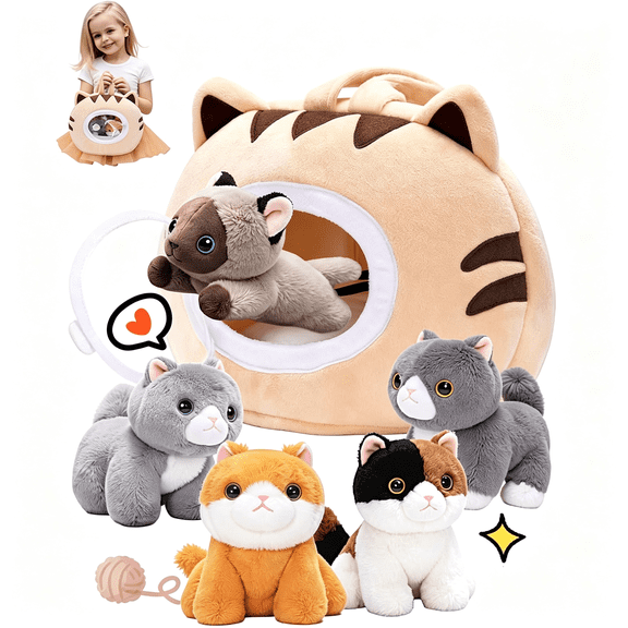 BESTSKY Cat Stuffed Animal House with 5 Soft Cat Toys for Kids, Portable Gift Set cat stuffed animal