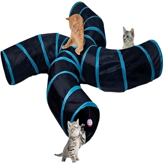 BESTSKY Cat Tunnel for Indoor Cats Large, with Play Ball S-Shape 4 Way Collapsible Interactive Peek Hole Pet Tube Toys, Puppy, Kitty, Kitten, Rabbit (S4 - Black & Blue)