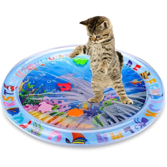 BESTSKY Cat Water Sensation Mat with Floating Fish, Interactive Kick Toy, Boredom Relief Pad for Indoor Cats, Use with Tap Water Sky Blue