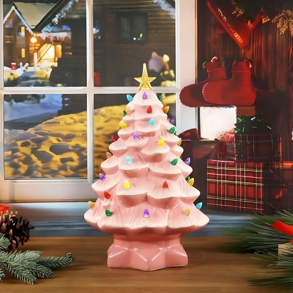 BESTSKY Ceramic Christmas Tree, Tabletop Christmas Tree Lights Decorations, 4.7 Inch Pre Lit Small Artificial Xmas Tree, Glowing Tree with Base, Xmas Tree for Centerpiece Christmas & Halloween Decor