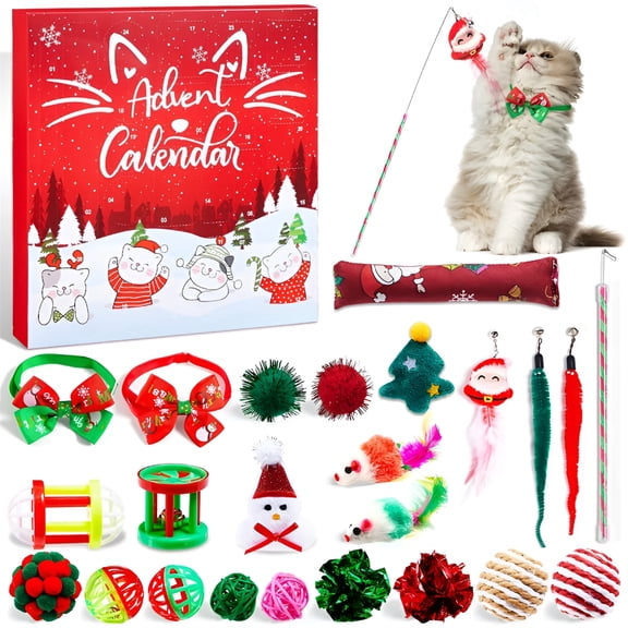 BESTSKY 2026 New Christmas Advent Calendar for Cats, 24Pc Festive Feline Toy Collection with Teasing Sticks and Play Tunnel, Interactive Holiday Surprise Gift Set for Pampered Pets