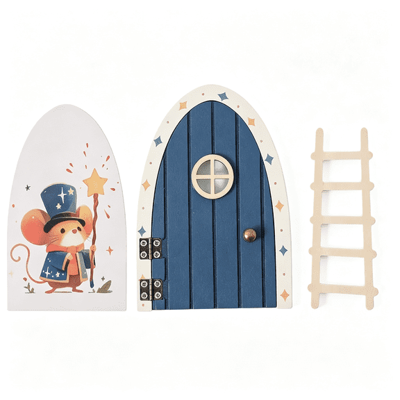 BESTSKY Christmas Blue Wooden Magical Fairy Doors,13Cm 5.12" Elf Mouse Miniature Tiny Door with Ladder,Tooth Fairy Door Handmade Decorations Gifts