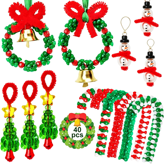 BESTSKY Christmas Crafts for Adults,40 Sets Christmas Beaded Ornament Kit | Include 20 Pcs Wreath/5 Pcs Snowman/5 Pcs Christmas Tree/10 Pcs Candy Cane,Tree Decorations,Easy Assembly Fun Family Craft