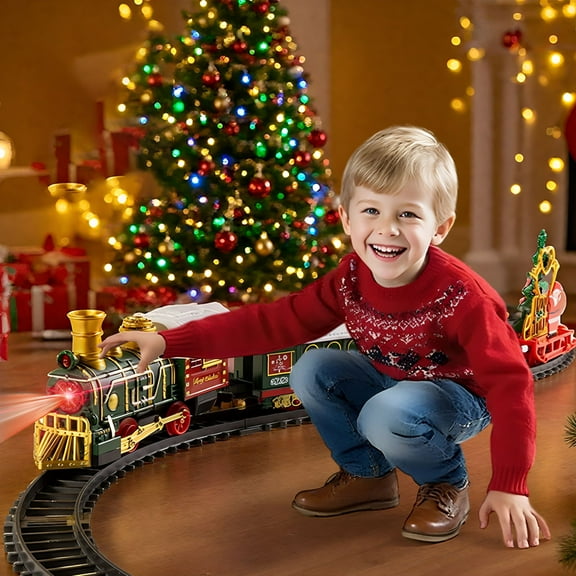 BESTSKY Christmas Electric Train Set W/Steam, Sound & Light, Remote Control Train Toys W/Steam Locomotive Engine, Cargo Cars & Tracks, 15 Tracks Steam Train W/Rechargeable Battery for Kids Boys, Red