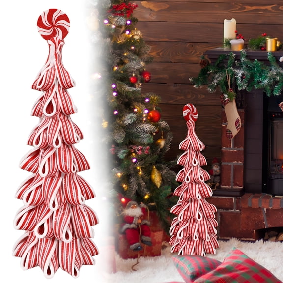 BESTSKY Christmas Ribbon Candy Tree Tabletop Decor 12.2 Inches Mini Light Up Resin Clay Peppermint Tree for Xmas Home Table Mantle Centerpieces Decorations