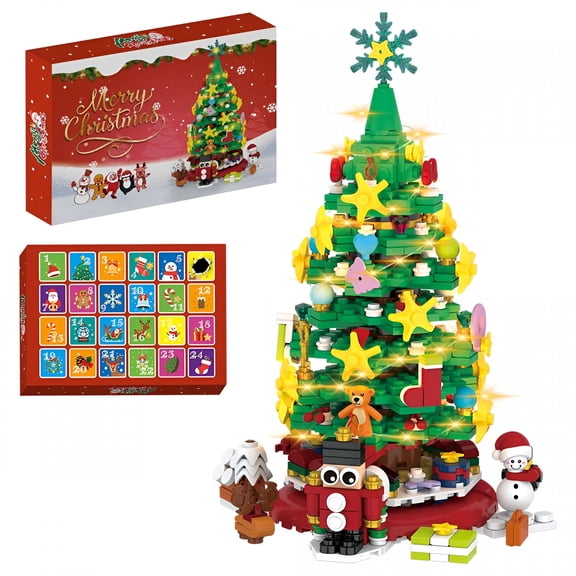 BESTSKY Christmas Tree Building Kit with Light, 24 in 1 Advent Calendar Christmas Tree Building Block with Nutcracker Snowman Bear Set, Holiday Present for Boys, Girls and Adults