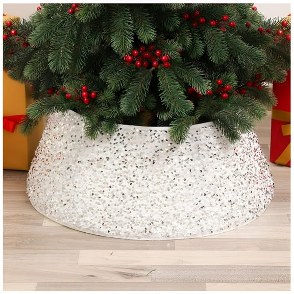 BESTSKY Christmas Tree Collar Sparkling Xmas Tree Base 22 Inch Sequined Velvet Tree Skirt Christmas Decorations Bling Xmas Tree Ring Rustic Shiny Sequins Tree Basket for Christmas Party Silver