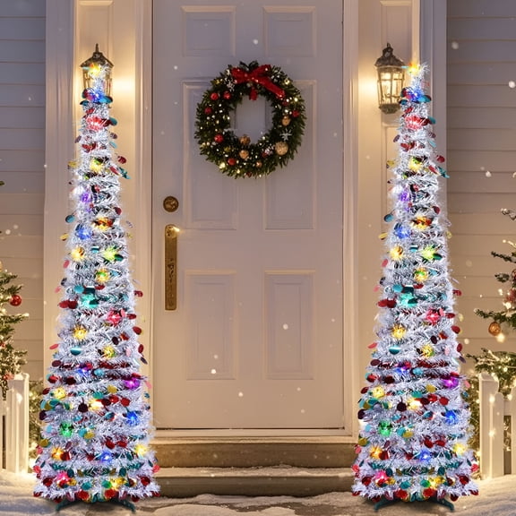 BESTSKY Christmas Tree-Led Prelit Slim Christmas Tree Decor,Pop Up with Timer Warm Lights 3D Large Star Sequins Battery Operated Collapsible Tinsel Christmas Tree for Home Holiday Party Indoor 1Pc