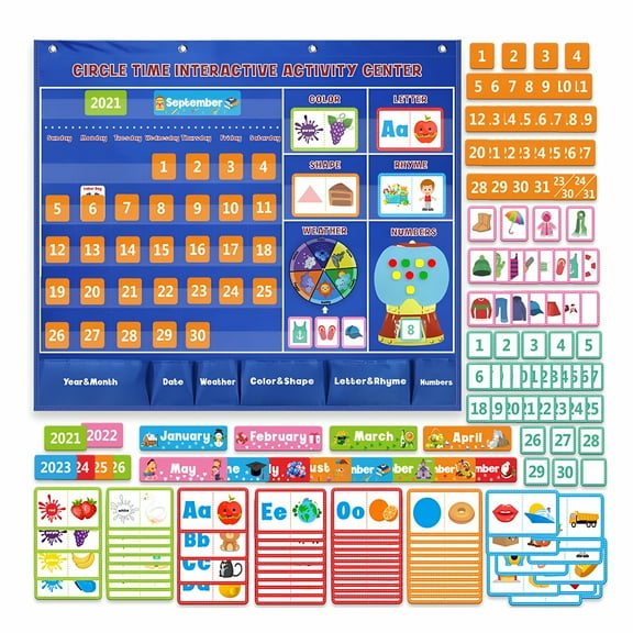 BESTSKY Circle Learning Time Center Pocket Chart Calendar Set Kids Children Educational Learning Toys,for Classroom,Homeschool,Preschool,Early Learning,Teaching