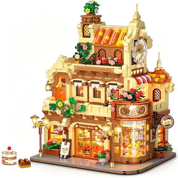 BESTSKY City Bakery Cafe House Building Set with Light for Girls Ages 8-12+| Baking Shop Building Block Toy with Coffee Bread Bakery Room,1289 Pcs Construction Brick Model for Adults Teens Boys Kids