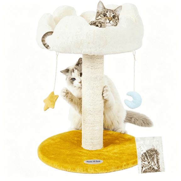 BESTSKY Cloud Cat Tree, Cat Scratching Post with Bed, Small Cat Tree for Kittens, Cat Scratch Post with Cloud-Shaped Soft Perch & Cute Toys, Removeable Cover, Bonus Catnip
