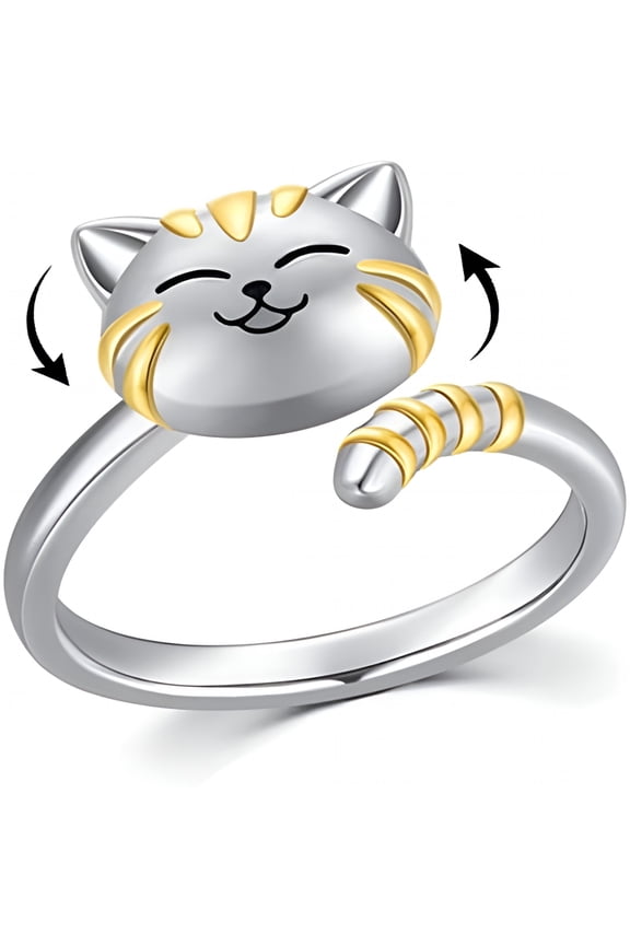 Cute Cat Pet Anxiety Relieve Spinner Rings Kitten Animal Fidget Open Adjustable Ring Sterling Silver Plated Worry Stress Relieving Boredom Adhd Autism Jewelry Stacking Finger