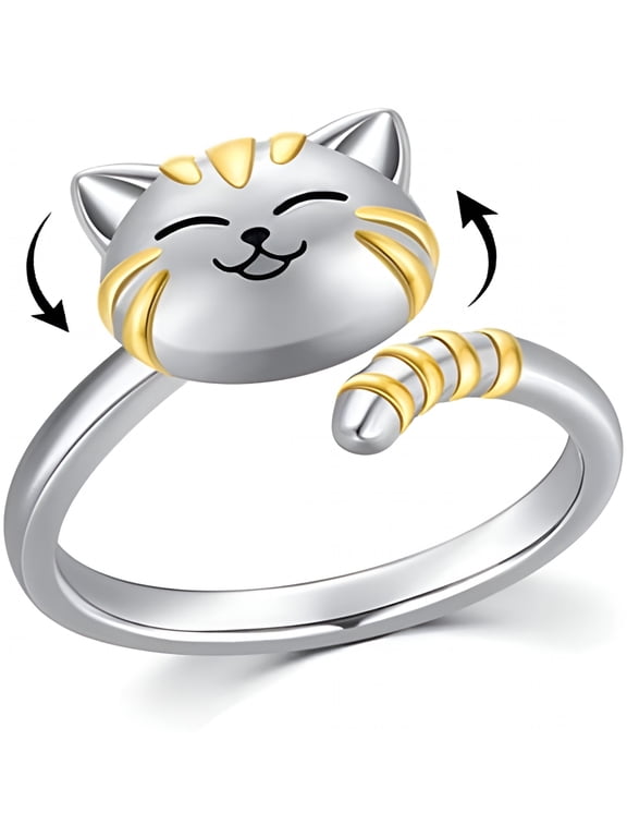 Cute Cat Pet Anxiety Relieve Spinner Rings Kitten Animal Fidget Open Adjustable Ring Sterling Silver Plated Worry Stress Relieving Boredom Adhd Autism Jewelry Stacking Finger