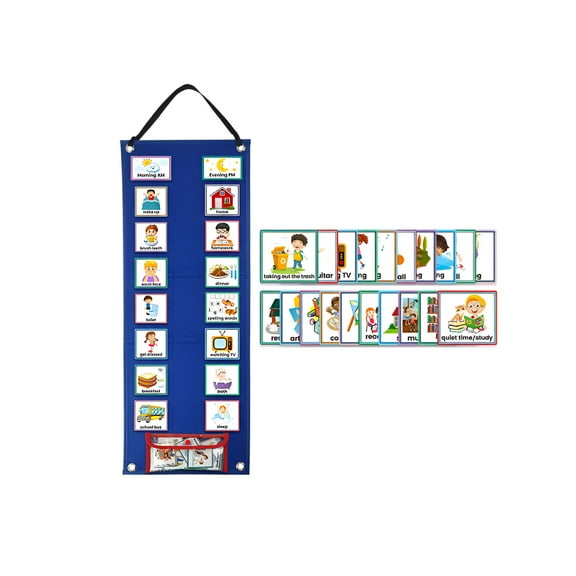 BESTSKY Daily Visual Schedule Pocket Chart For Kids,Classroom And Home Routine Organizer With 30 Activity Cards,Visual Aid Tool For Autism,ADHD,Special Needs,Preschool Learning And Behavior M